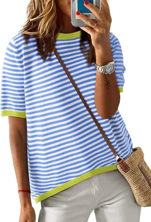 Womens Sweaters Casual Crewneck Short Sleeve Striped Color Block Knitted Cotton Trendy Pullover Sweater Tops