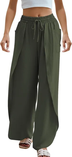 Womens Trendy Wide Leg Pants Casual Loose Irregular Patchwork Elastic Waist Cotton Linen Pants Outdoor Business Work Trousers