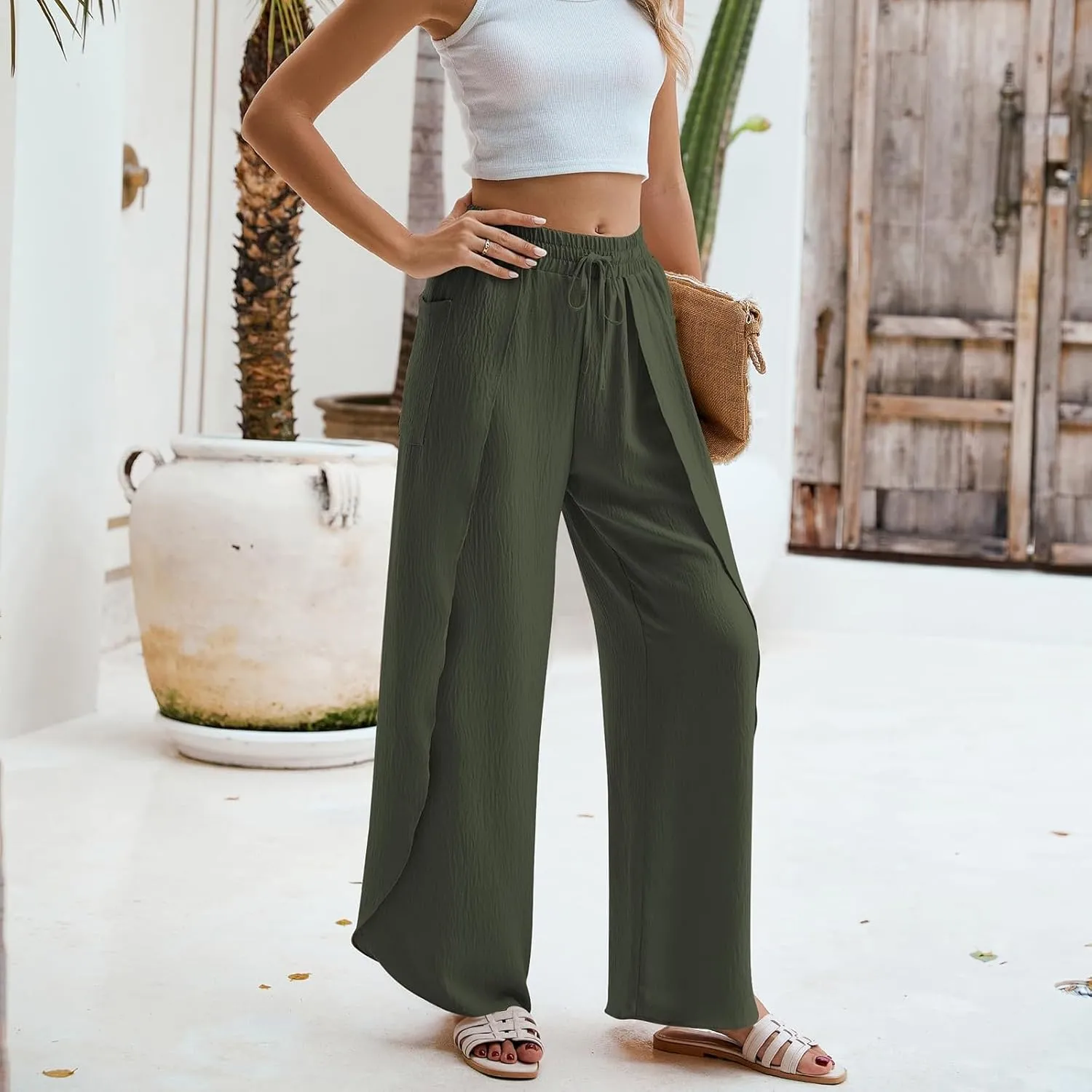 Womens Trendy Wide Leg Pants Casual Loose Irregular Patchwork Elastic Waist Cotton Linen Pants Outdoor Business Work Trousers