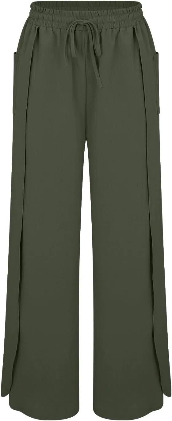 Womens Trendy Wide Leg Pants Casual Loose Irregular Patchwork Elastic Waist Cotton Linen Pants Outdoor Business Work Trousers