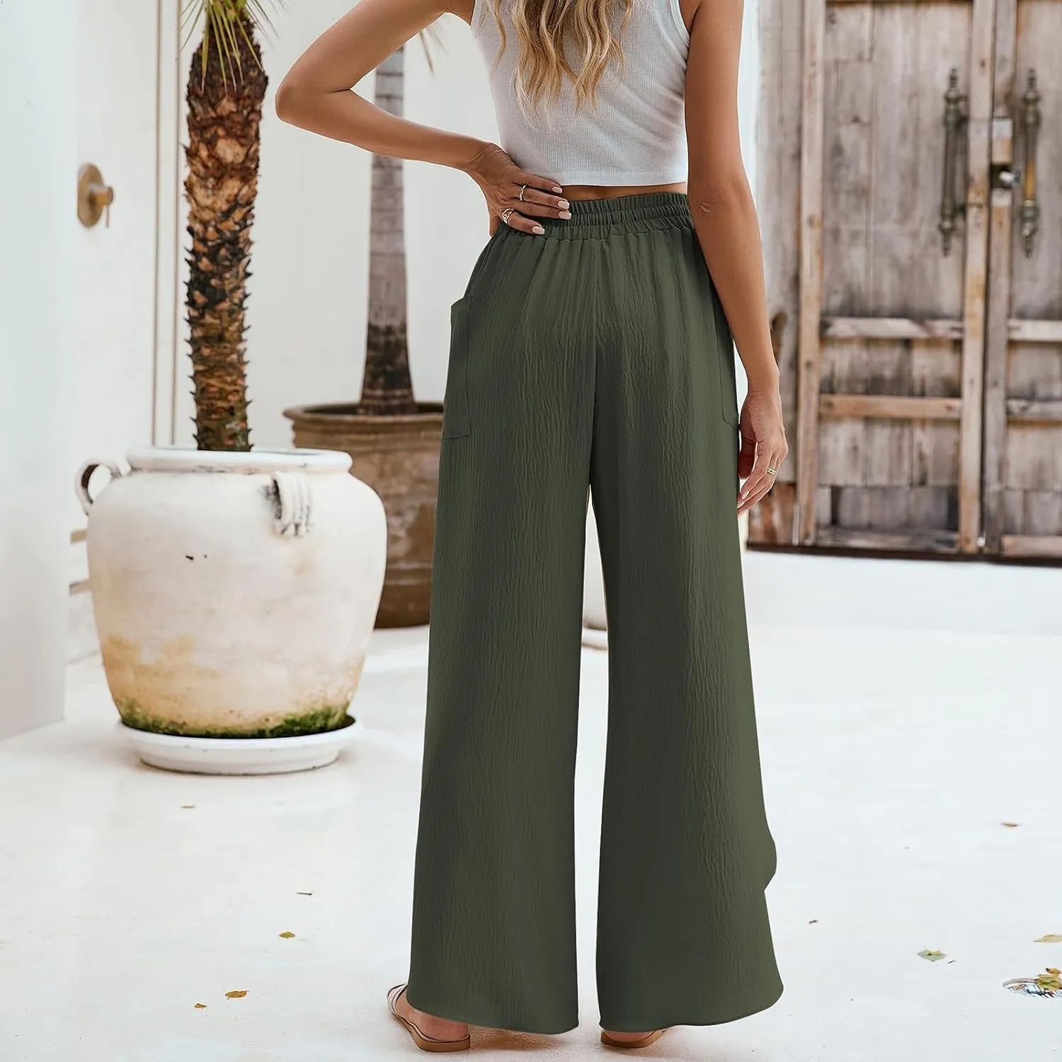 Womens Trendy Wide Leg Pants Casual Loose Irregular Patchwork Elastic Waist Cotton Linen Pants Outdoor Business Work Trousers