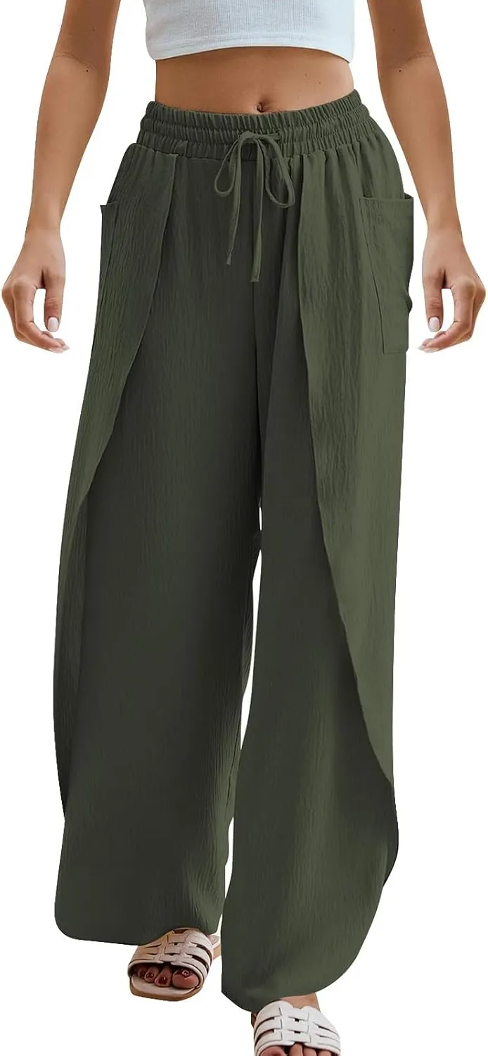 Womens Trendy Wide Leg Pants Casual Loose Irregular Patchwork Elastic Waist Cotton Linen Pants Outdoor Business Work Trousers
