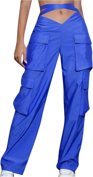 Women's V-Neck Cargo Pants Baggy Stretchy Wide Leg Streetwear with 6 Pockets High Waist Trousers Workout Sweatpants