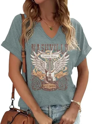 Womens Vintage Flowers V Neck Shirt Boho Floral Wildflowers Graphic Tee Casual Graphic Tees Tops for Girl