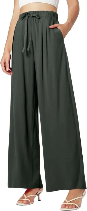 Womens Wide Leg Linen Pants Summer Drawstring Elastic Waist Palazzo Pants Soft Comfy Summer Beach Trousers Pockets