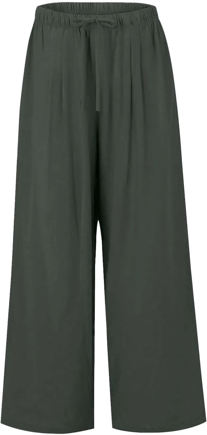 Womens Wide Leg Linen Pants Summer Drawstring Elastic Waist Palazzo Pants Soft Comfy Summer Beach Trousers Pockets