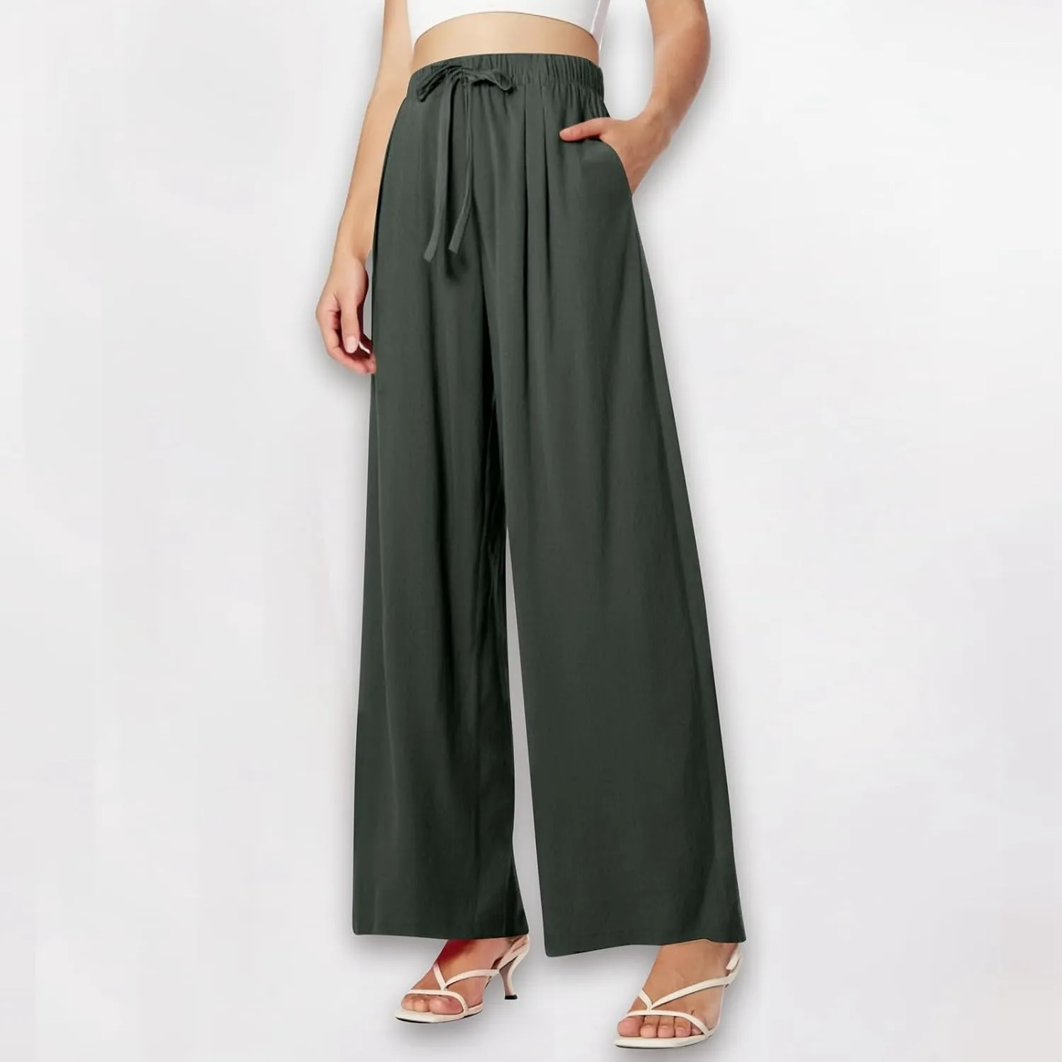 Womens Wide Leg Linen Pants Summer Drawstring Elastic Waist Palazzo Pants Soft Comfy Summer Beach Trousers Pockets