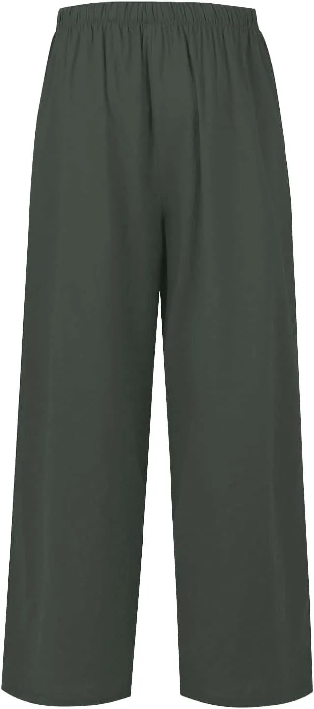 Womens Wide Leg Linen Pants Summer Drawstring Elastic Waist Palazzo Pants Soft Comfy Summer Beach Trousers Pockets