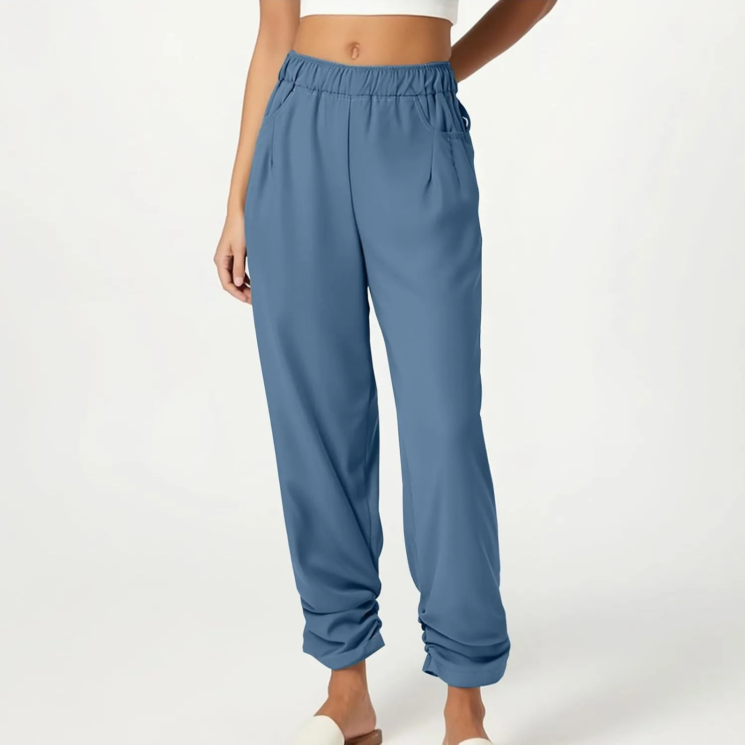 Womens Wide Leg Linen Pants Summer Elastic High Waist Cotton Trouser Lounge Slacks Beach Travel Outfits with Pockets