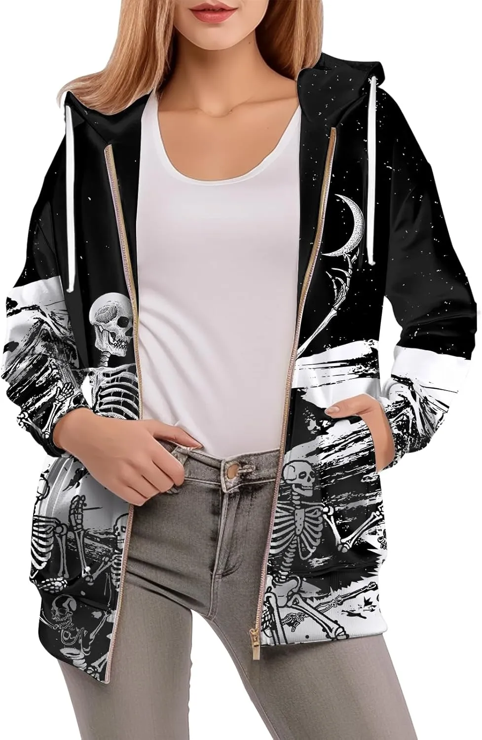 Womens Zip Front Plaid Sweatshirts Print Hoodie Fall Jackets Long Sleeve Casual Drawstring Clothes