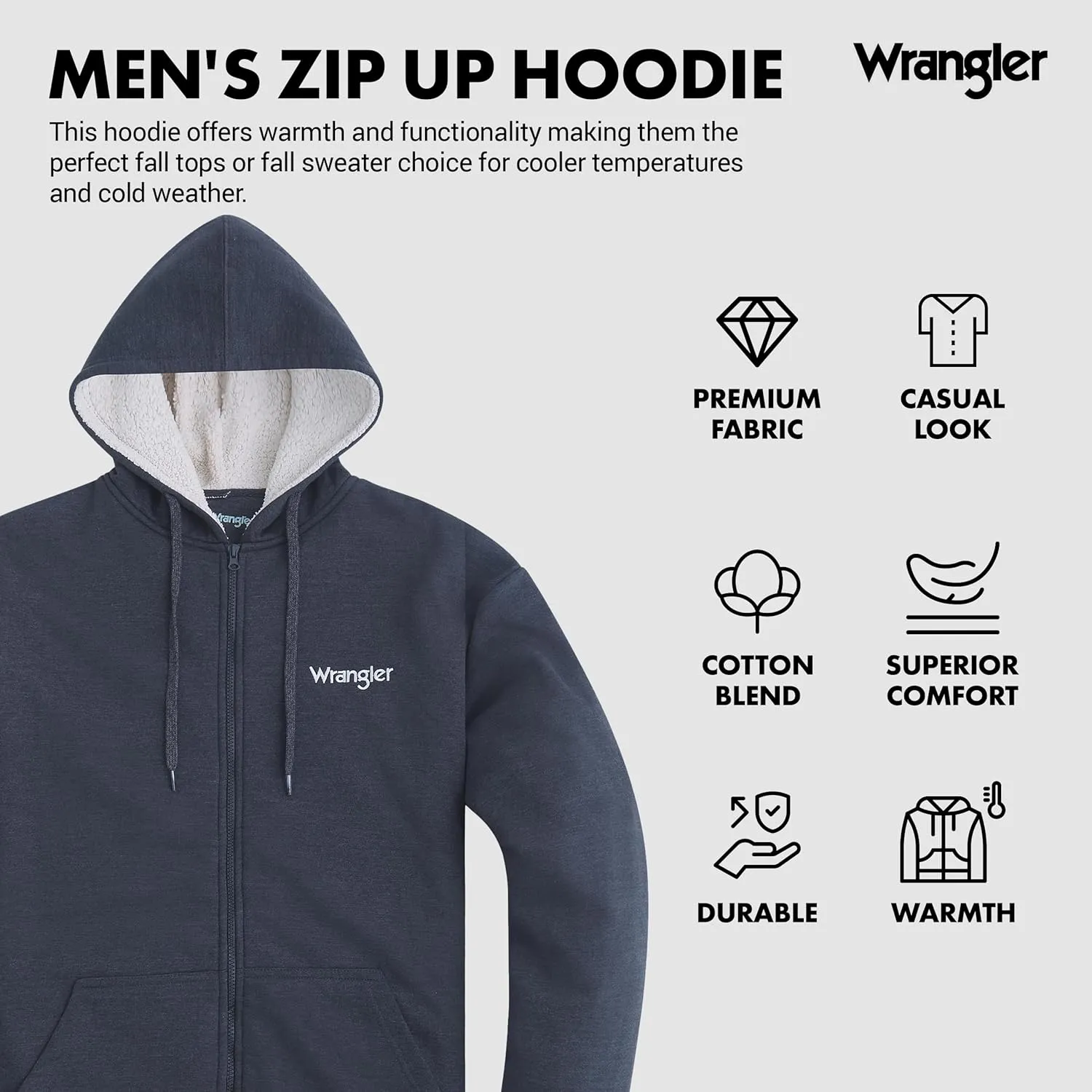 Wrangler Hoodies for Men Big and Tall - Sherpa Lined Zip Up Sweatshirt
