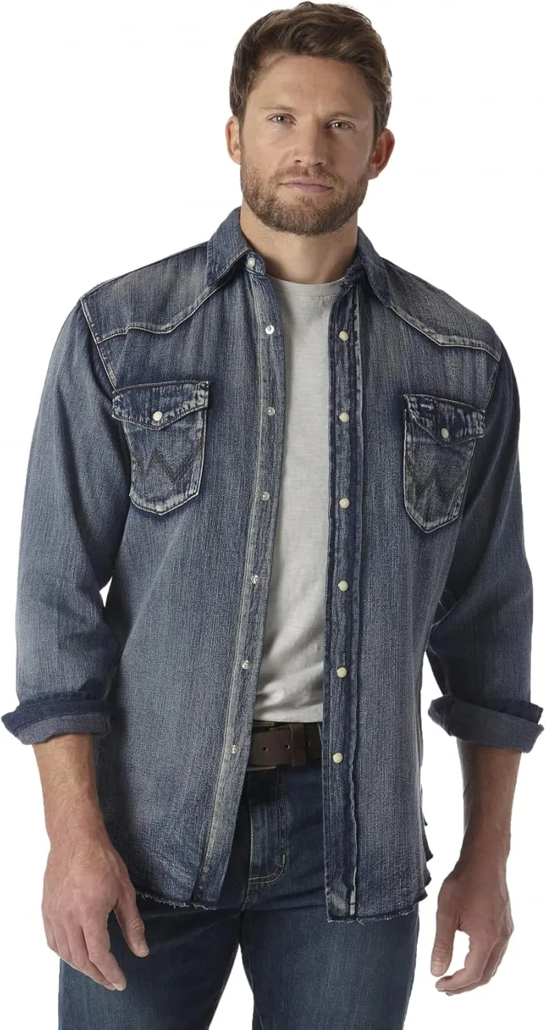 Wrangler Men's Cowboy Cut Western Long Sleeve Snap Work Shirt Washed Finish