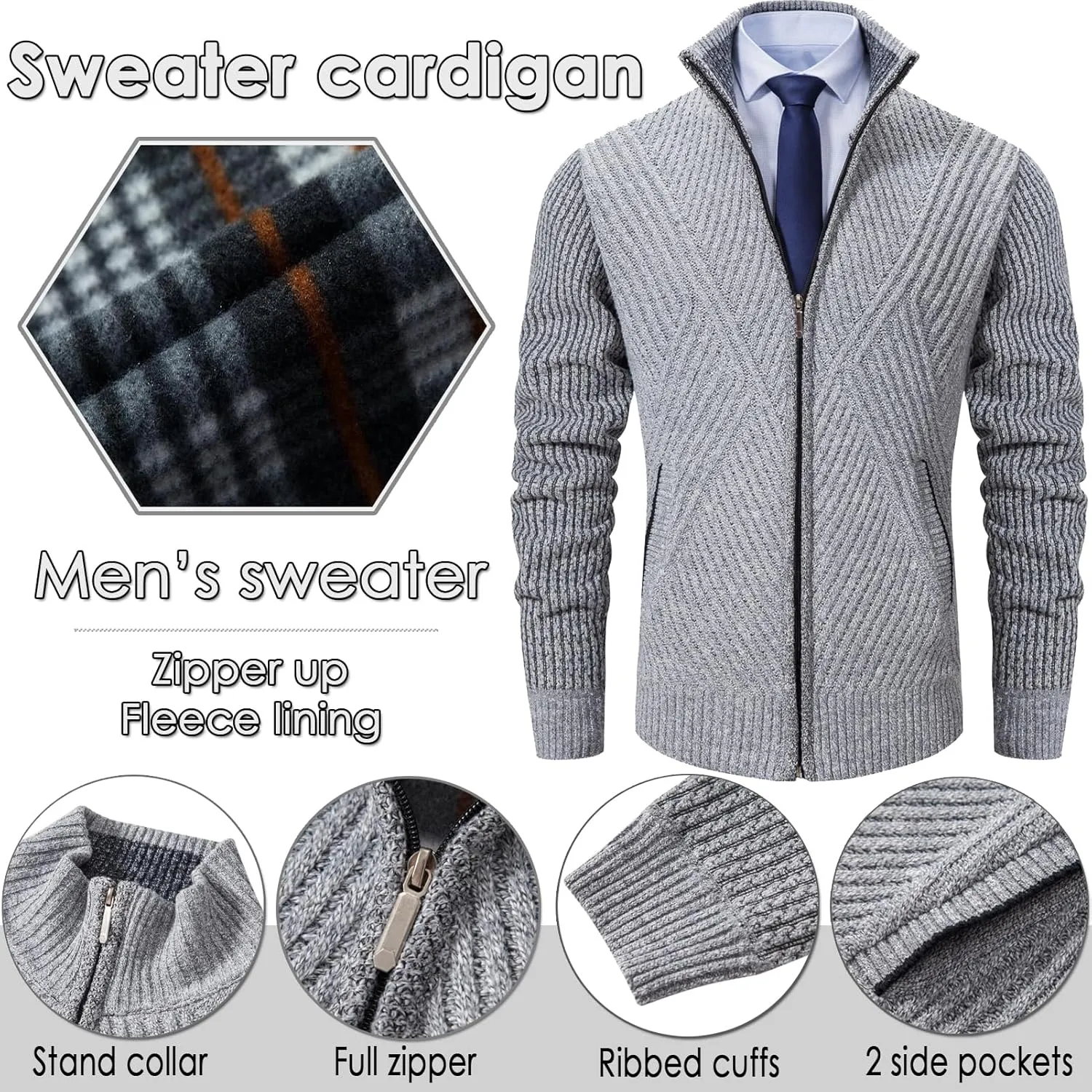 XinYangNi Men's Cardigan Sweaters Knit Zipper Casual Slim Fit Stand Collar with Full Zip and Pockets