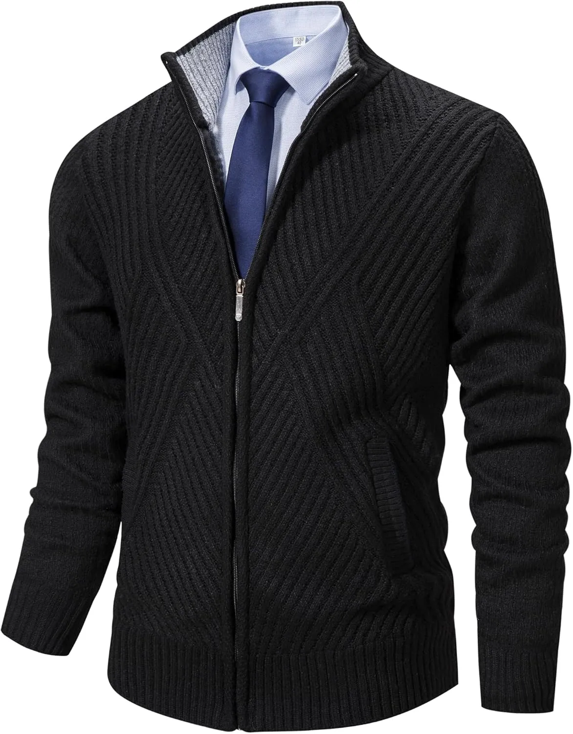 XinYangNi Men's Cardigan Sweaters Knit Zipper Casual Slim Fit Stand Collar with Full Zip and Pockets