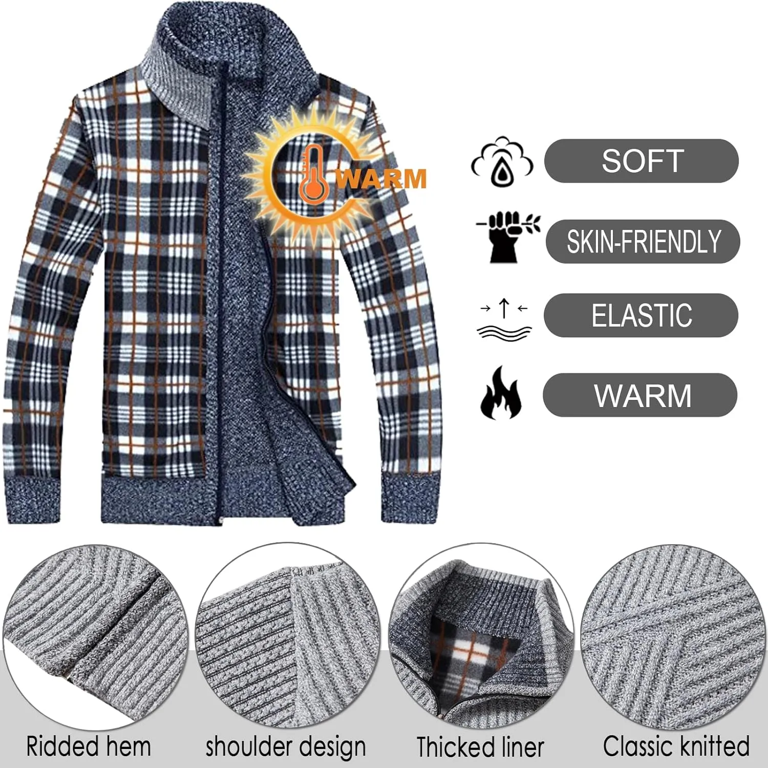 XinYangNi Men's Cardigan Sweaters Knit Zipper Casual Slim Fit Stand Collar with Full Zip and Pockets