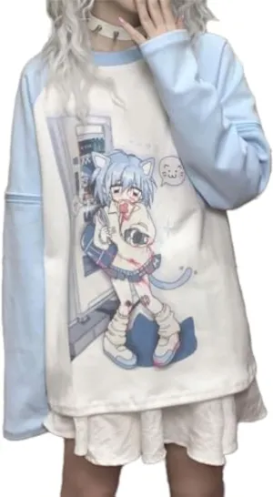 Y2k Aesthetic Detachable Sleeve T-Shirt Women Kawaii Cat Girl Anime Print Cute Sweatshirts Fairycore Streetwear
