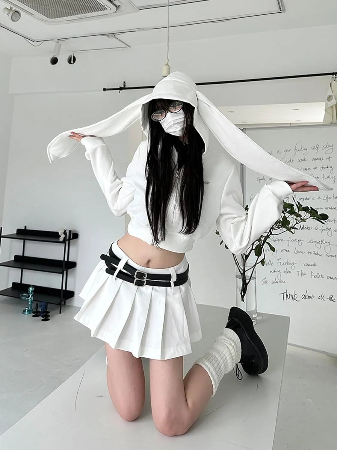 YEMOCILE Womens Kawaii Bunny Ear Oversized Hoodie Zip Up Long Sleeve Rabbit Hooded Sweatshirt