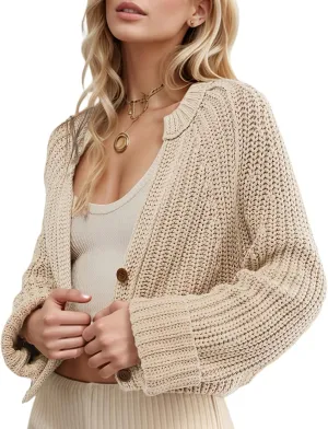 Yimoon Womens Crop Cardigan Sweater Chunky Crewneck Open Font Button Down Cropped Knitted Sweater 2024 Fall