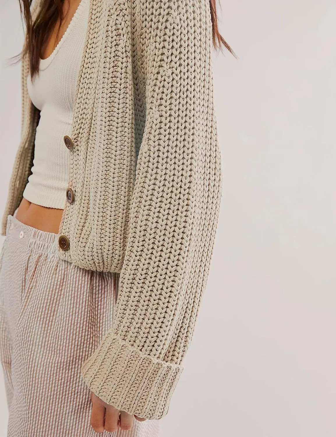 Yimoon Womens Crop Cardigan Sweater Chunky Crewneck Open Font Button Down Cropped Knitted Sweater 2024 Fall