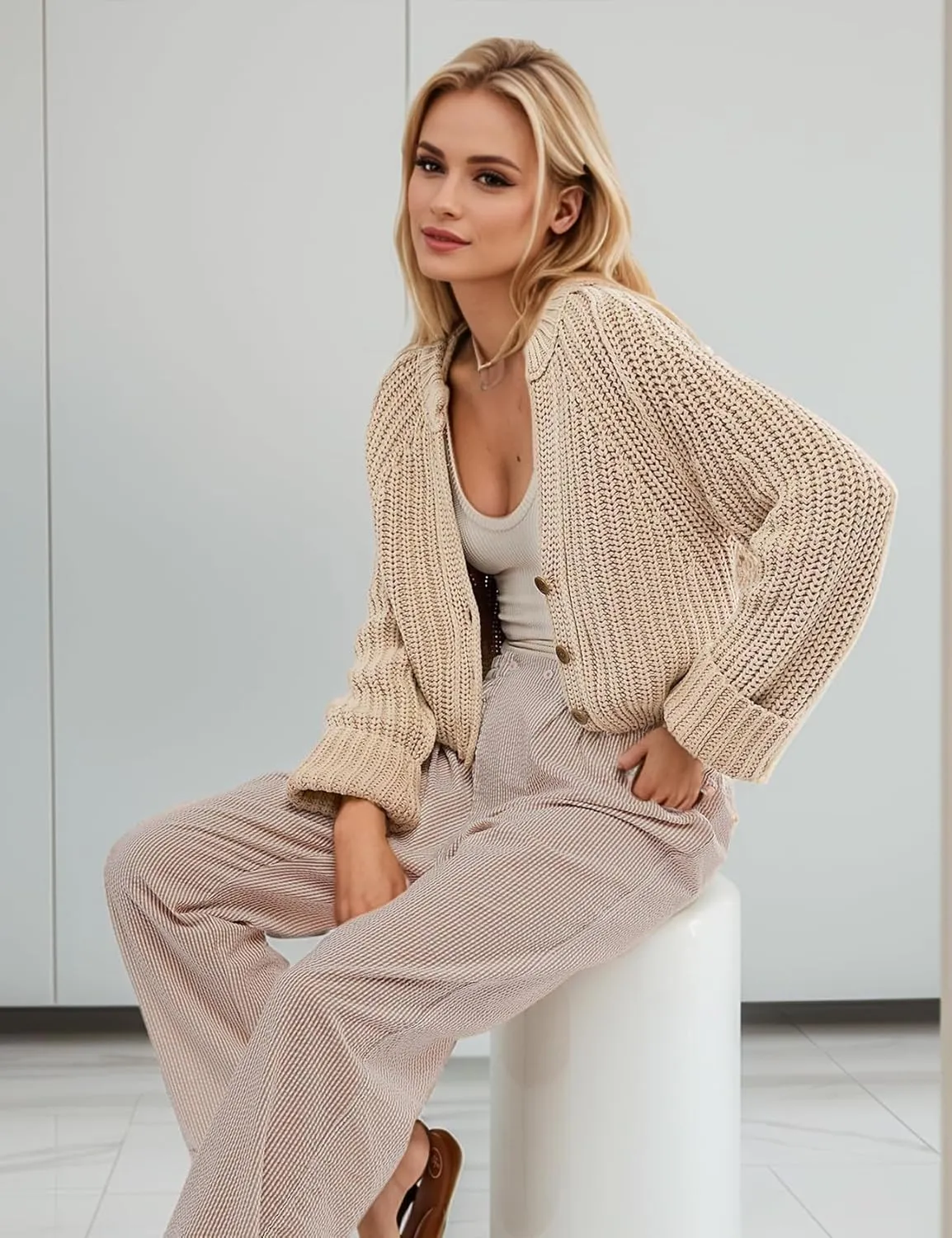 Yimoon Womens Crop Cardigan Sweater Chunky Crewneck Open Font Button Down Cropped Knitted Sweater 2024 Fall