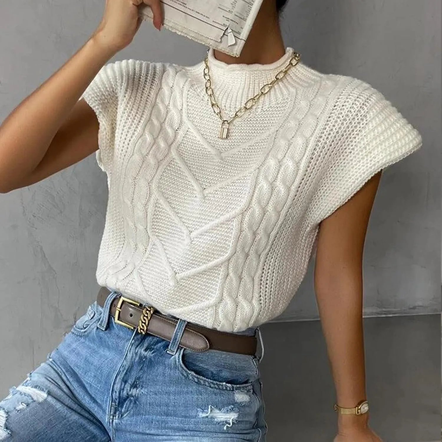 Yimoon Womens Sweater Vest Top Sleeveless Cable Knit Mock Neck Sweater Tank Short Sleeve Shoulder Pad Pullover