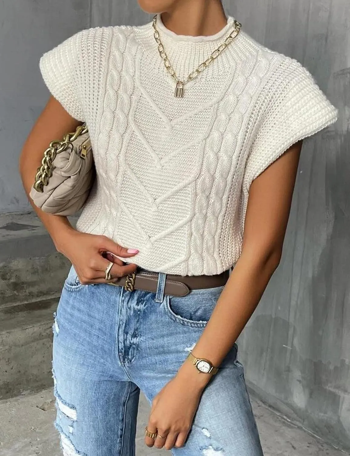 Yimoon Womens Sweater Vest Top Sleeveless Cable Knit Mock Neck Sweater Tank Short Sleeve Shoulder Pad Pullover