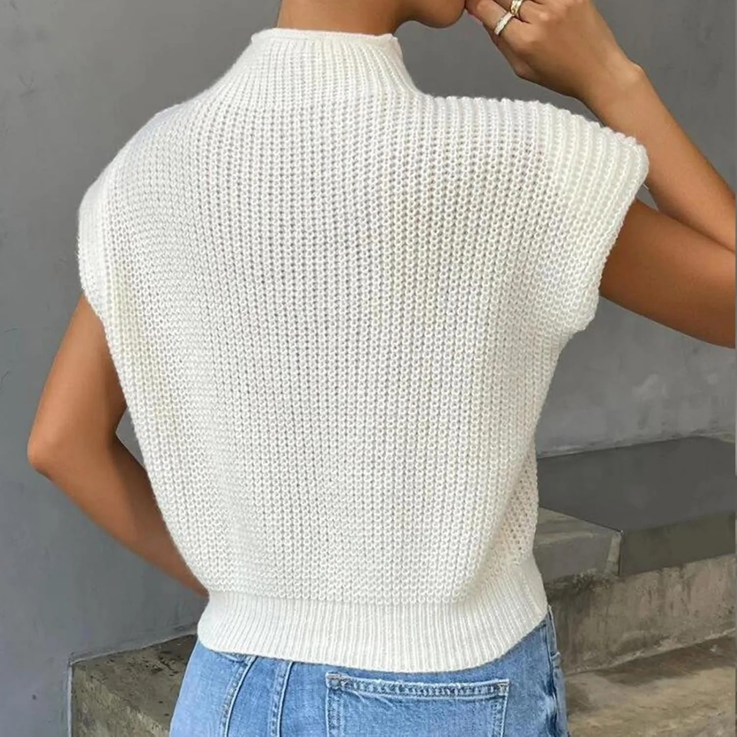 Yimoon Womens Sweater Vest Top Sleeveless Cable Knit Mock Neck Sweater Tank Short Sleeve Shoulder Pad Pullover