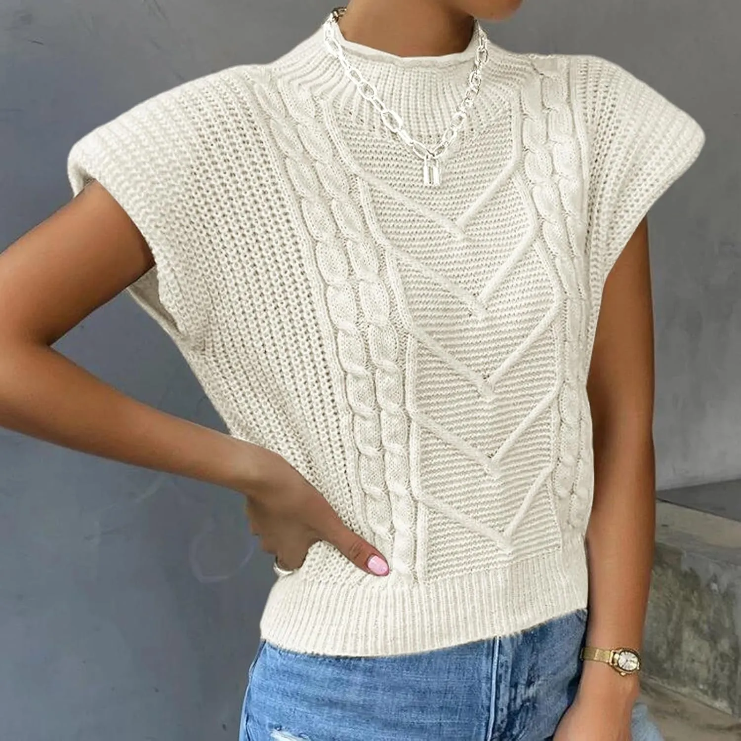 Yimoon Womens Sweater Vest Top Sleeveless Cable Knit Mock Neck Sweater Tank Short Sleeve Shoulder Pad Pullover