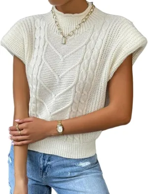Yimoon Womens Sweater Vest Top Sleeveless Cable Knit Mock Neck Sweater Tank Short Sleeve Shoulder Pad Pullover