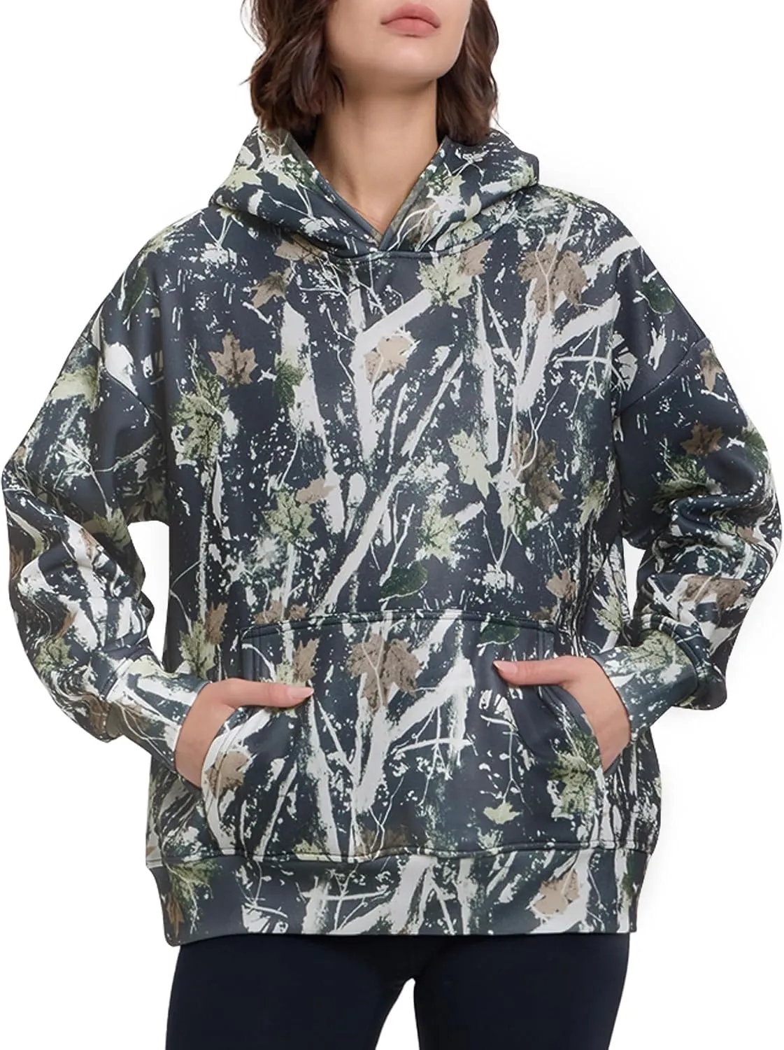YKR Womens Camo Hoodie Oversized Maple Leaf Print Fleece Hooded Pullover Sweatshirt with Pocket