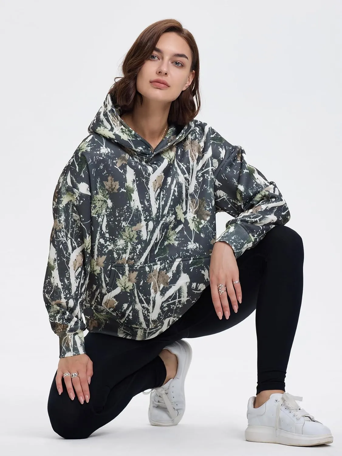 YKR Womens Camo Hoodie Oversized Maple Leaf Print Fleece Hooded Pullover Sweatshirt with Pocket