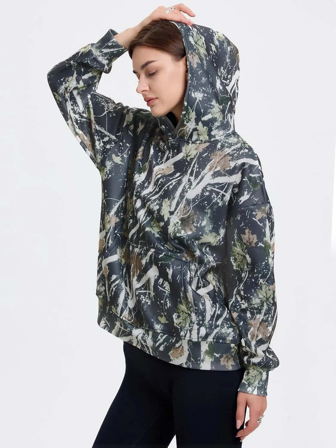 YKR Womens Camo Hoodie Oversized Maple Leaf Print Fleece Hooded Pullover Sweatshirt with Pocket