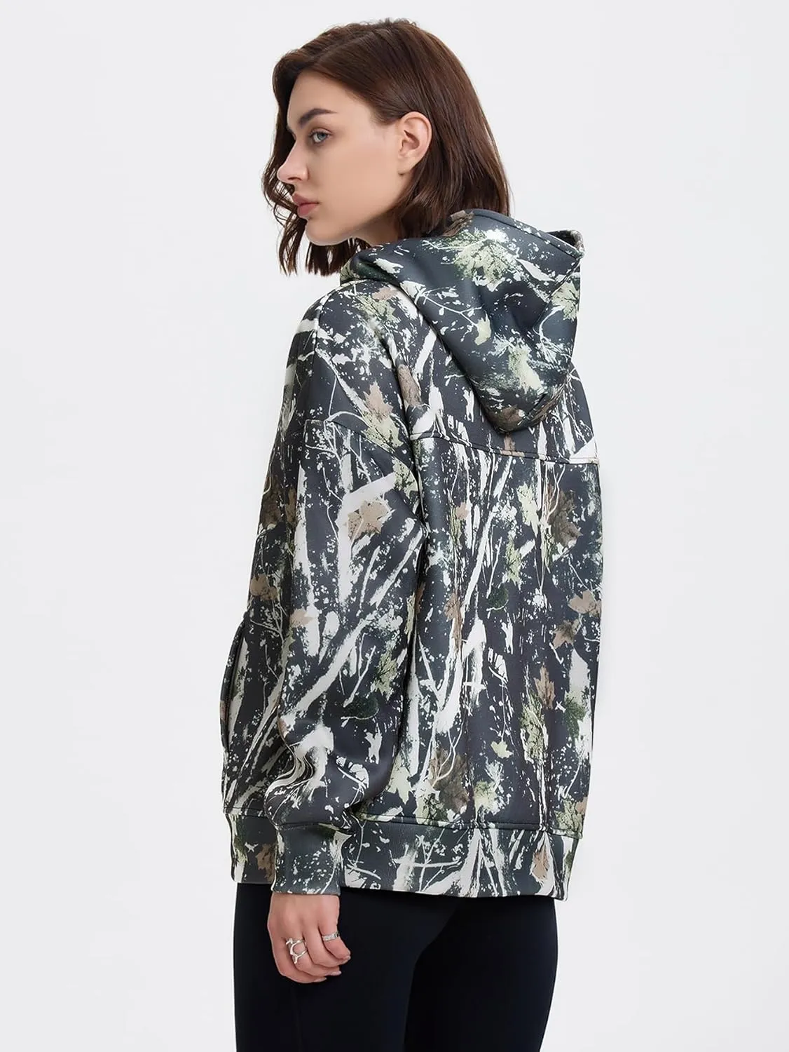 YKR Womens Camo Hoodie Oversized Maple Leaf Print Fleece Hooded Pullover Sweatshirt with Pocket