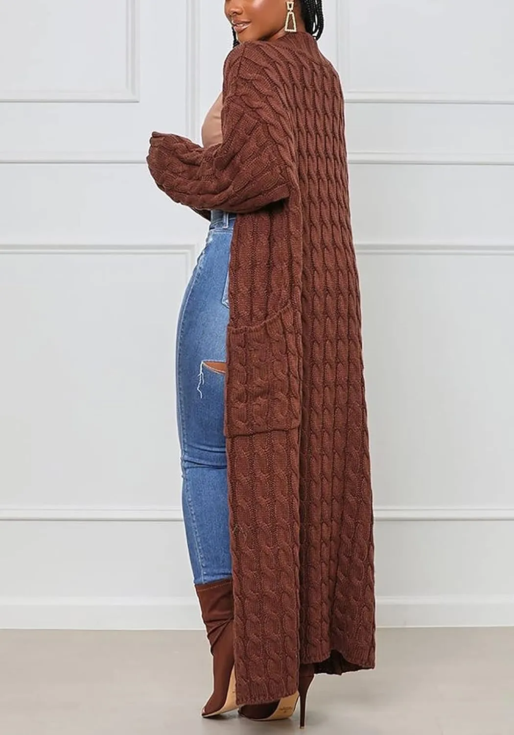 YOOTIKO Long Cardigan Sweaters for Women Loose Floor Length Cable Knit Open Front Chunky Oversize Sweater with Pockets