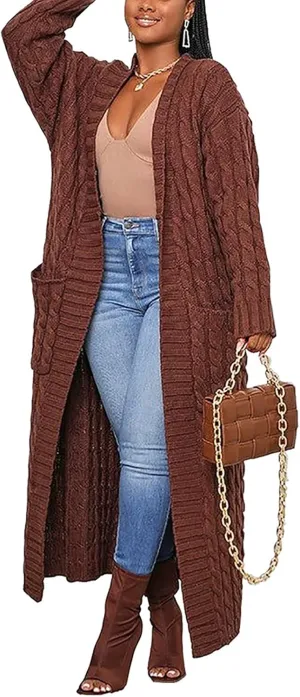 YOOTIKO Long Cardigan Sweaters for Women Loose Floor Length Cable Knit Open Front Chunky Oversize Sweater with Pockets