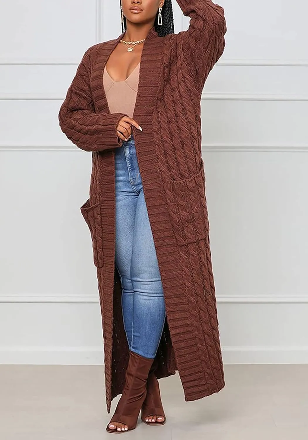 YOOTIKO Long Cardigan Sweaters for Women Loose Floor Length Cable Knit Open Front Chunky Oversize Sweater with Pockets