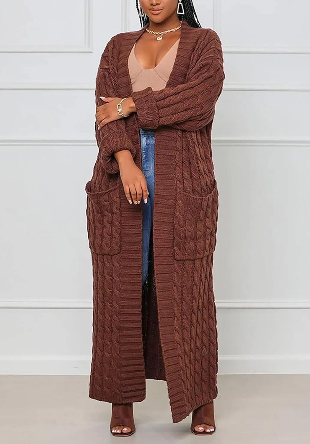 YOOTIKO Long Cardigan Sweaters for Women Loose Floor Length Cable Knit Open Front Chunky Oversize Sweater with Pockets