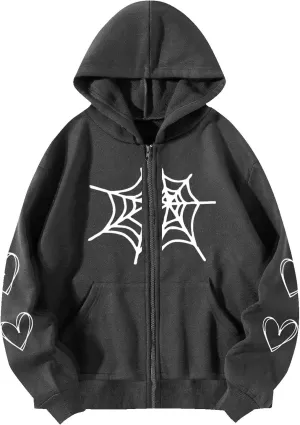 YRAETENM Oversized Y2k Zip up Hoodie for Women Men Gothic Spider Web Heart Graphic Sweatshirt Casual Lightweight Baggy Coats
