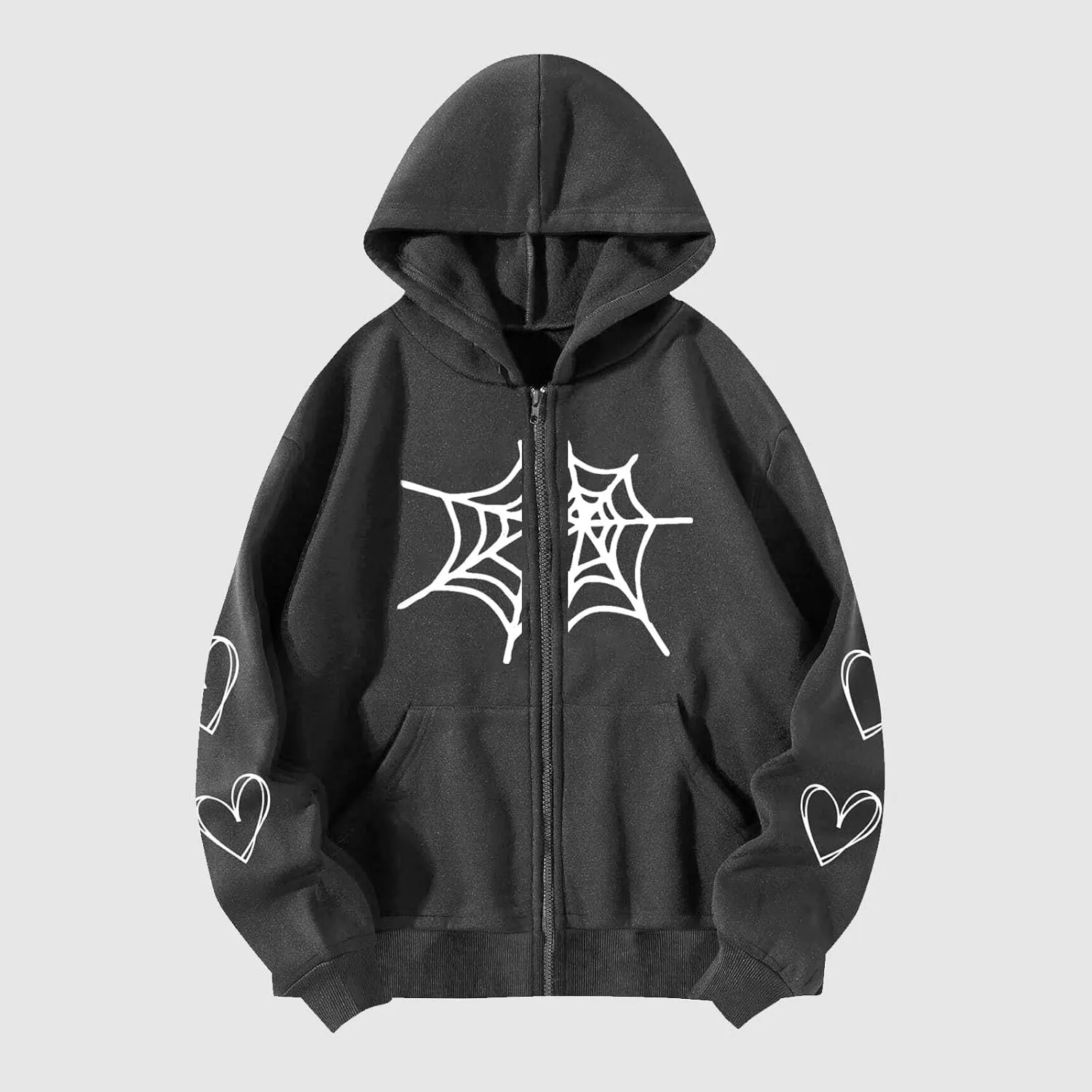 YRAETENM Oversized Y2k Zip up Hoodie for Women Men Gothic Spider Web Heart Graphic Sweatshirt Casual Lightweight Baggy Coats
