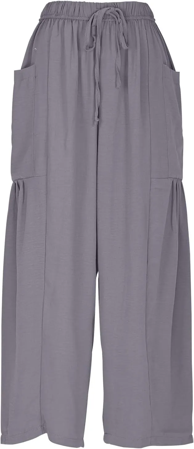 YRAETENM Women Linen Baggy Harem Pants Summer Drawstring High Waist Wide Leg Pants Loose Flowy Casual Palazzo Lounge Trousers