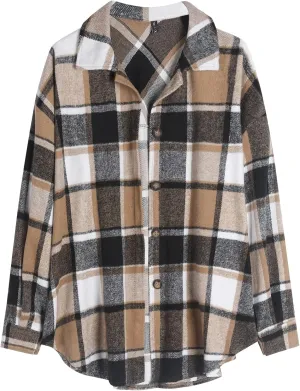 ZAFUL Women's Plaid Long Sleeve Shirt Button Down Thin Jacket Casual Flannel Plaid Shacket with Pocket