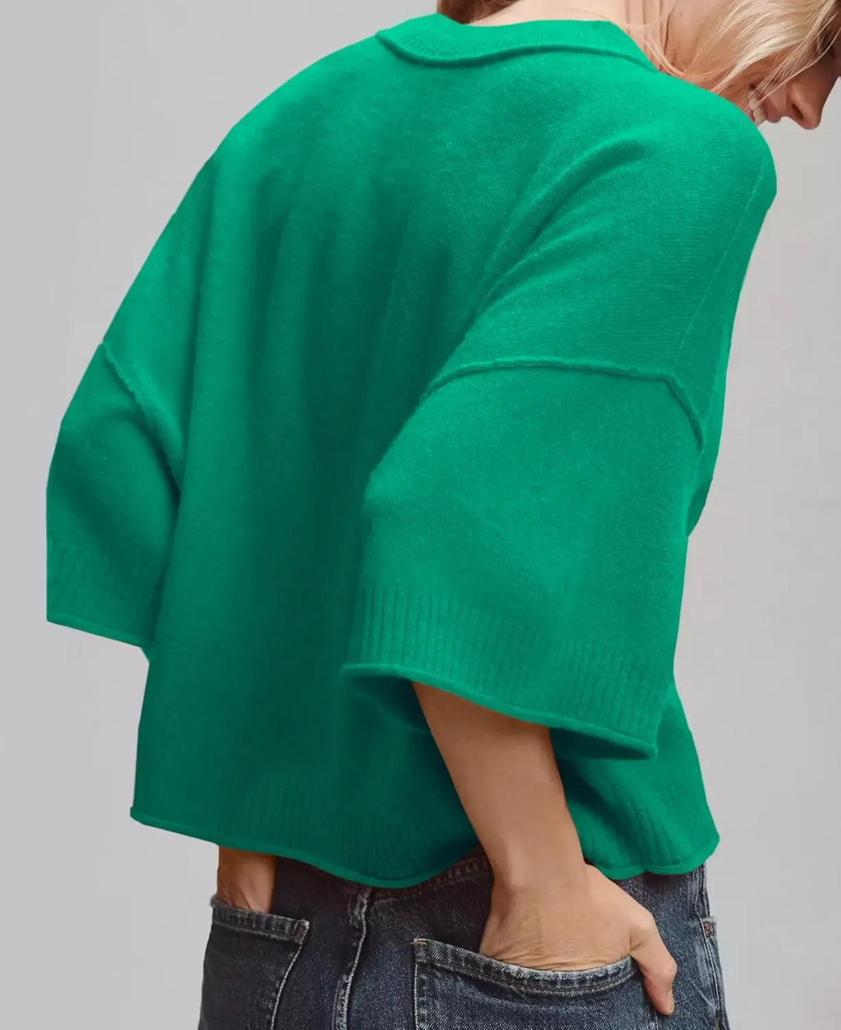ZDC Women's Oversized Sweaters Summer 3/4 Sleeve Casual Cropped Tops Lightweight Loose Fit Knit Pullover