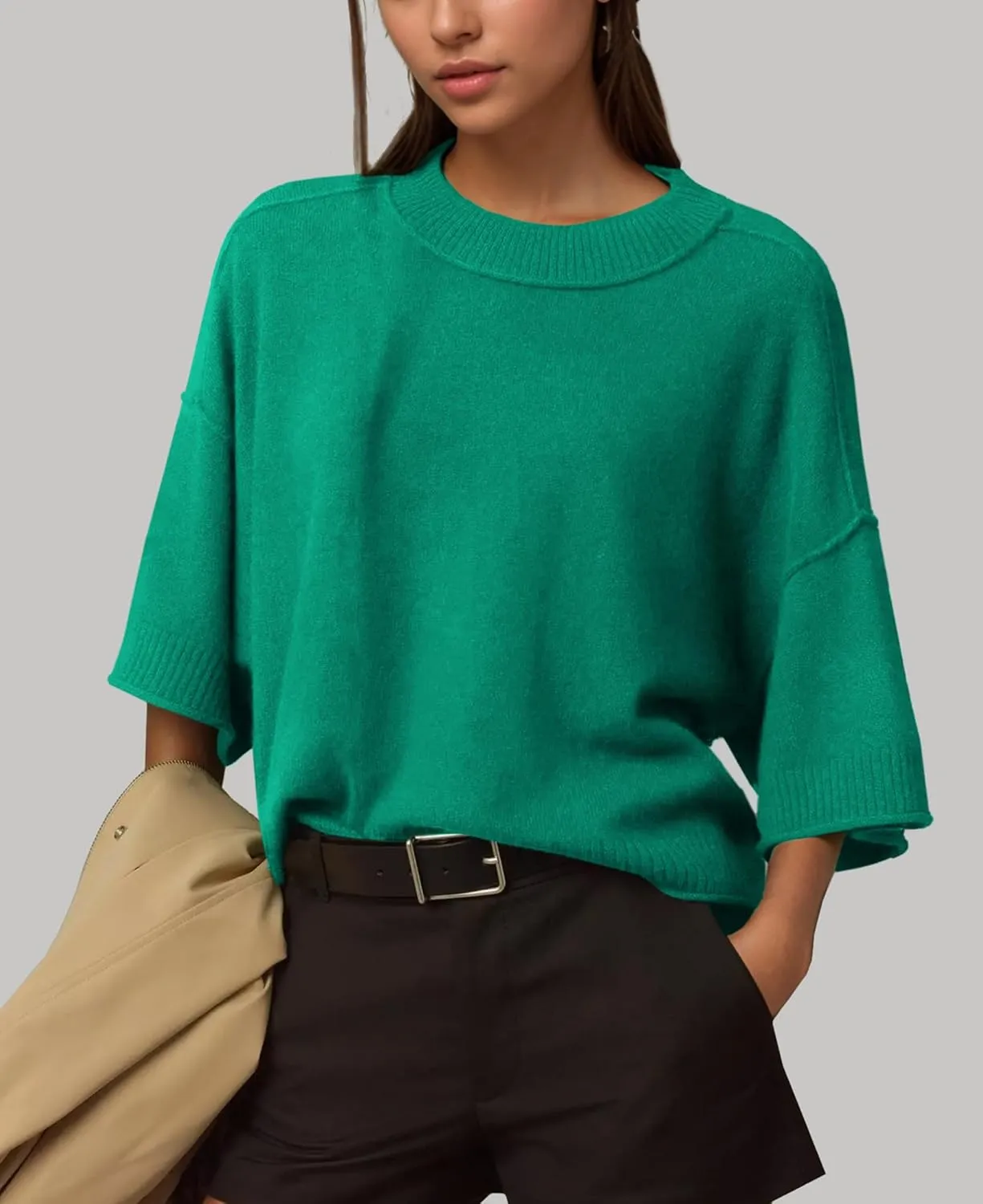 ZDC Women's Oversized Sweaters Summer 3/4 Sleeve Casual Cropped Tops Lightweight Loose Fit Knit Pullover
