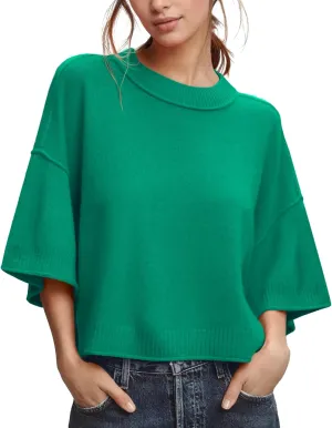 ZDC Women's Oversized Sweaters Summer 3/4 Sleeve Casual Cropped Tops Lightweight Loose Fit Knit Pullover
