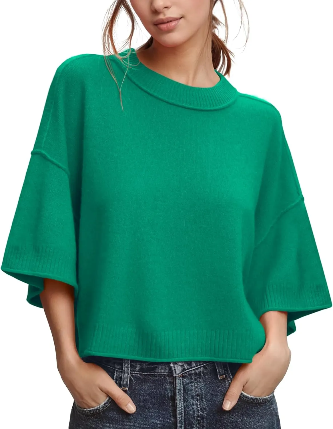 ZDC Women's Oversized Sweaters Summer 3/4 Sleeve Casual Cropped Tops Lightweight Loose Fit Knit Pullover
