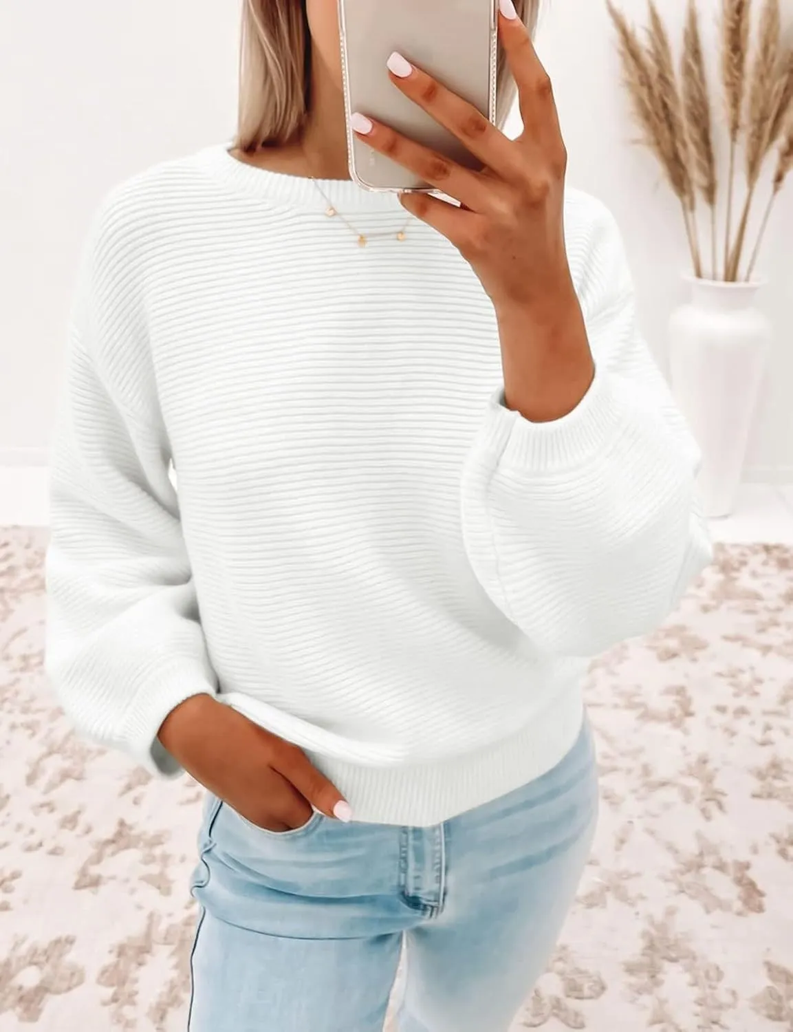ZESICA Women's Crew Neck Long Lantern Sleeve Casual Loose Ribbed Knit Solid Soft Pullover Sweater Tops