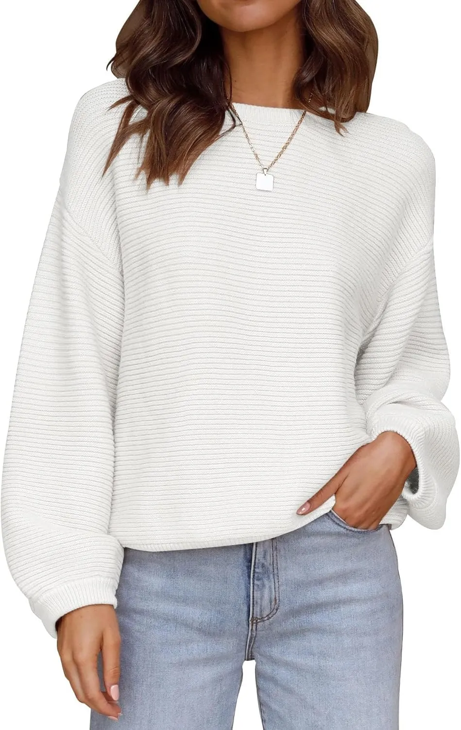 ZESICA Women's Crew Neck Long Lantern Sleeve Casual Loose Ribbed Knit Solid Soft Pullover Sweater Tops