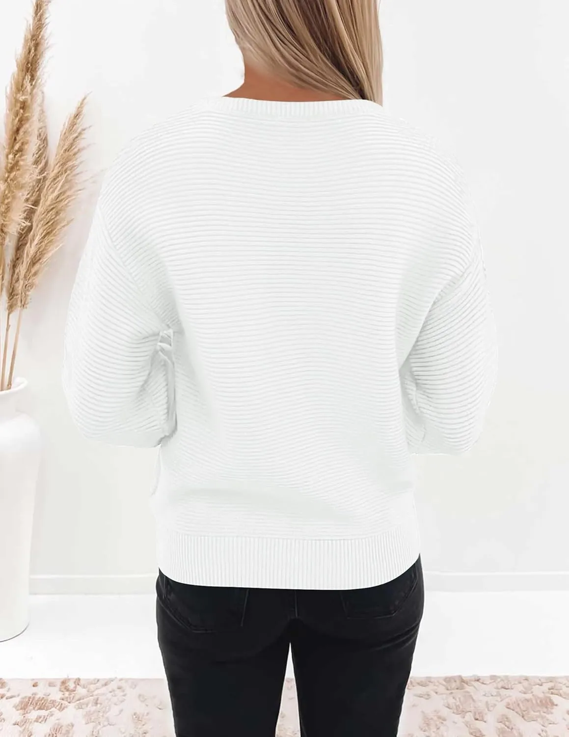 ZESICA Women's Crew Neck Long Lantern Sleeve Casual Loose Ribbed Knit Solid Soft Pullover Sweater Tops