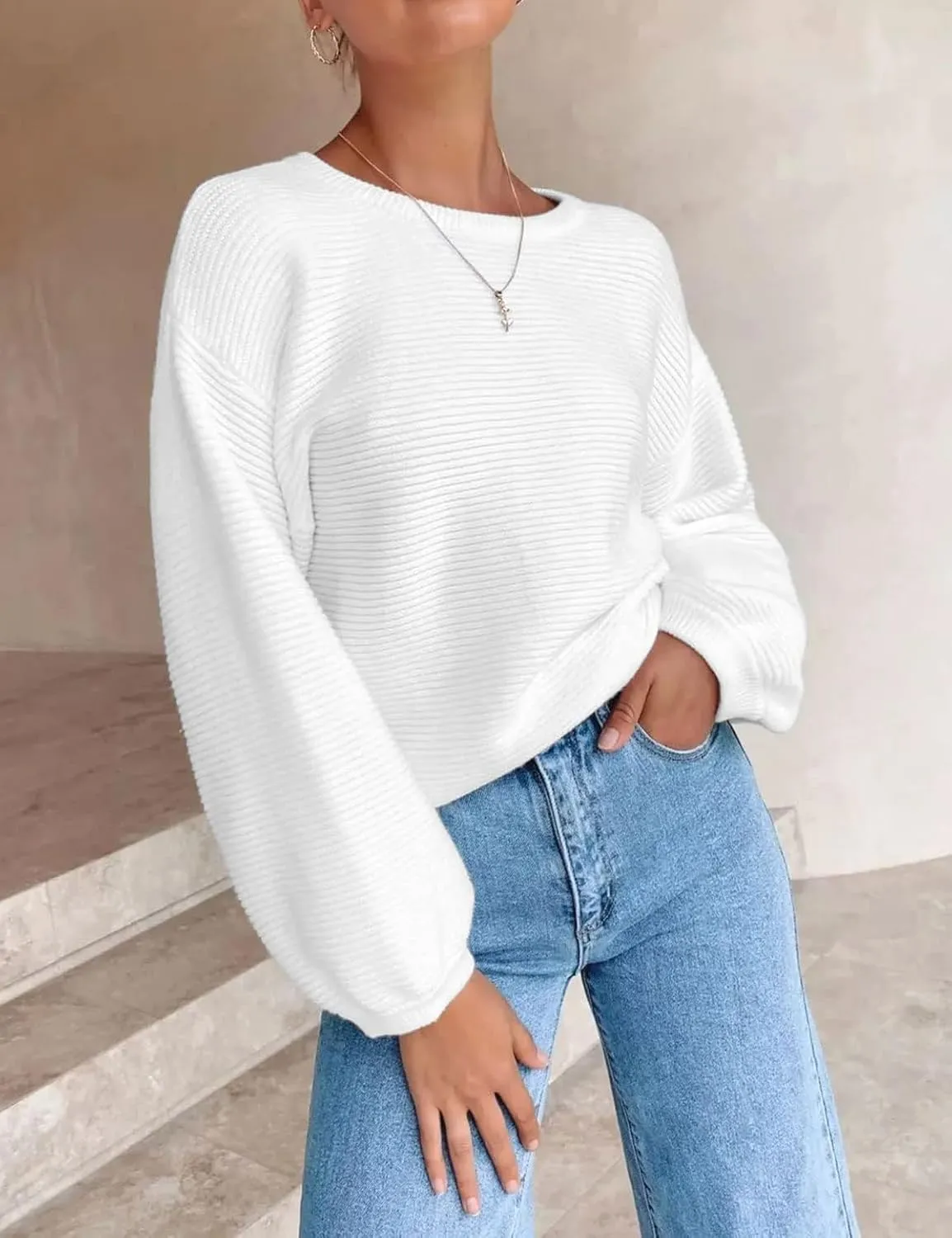 ZESICA Women's Crew Neck Long Lantern Sleeve Casual Loose Ribbed Knit Solid Soft Pullover Sweater Tops