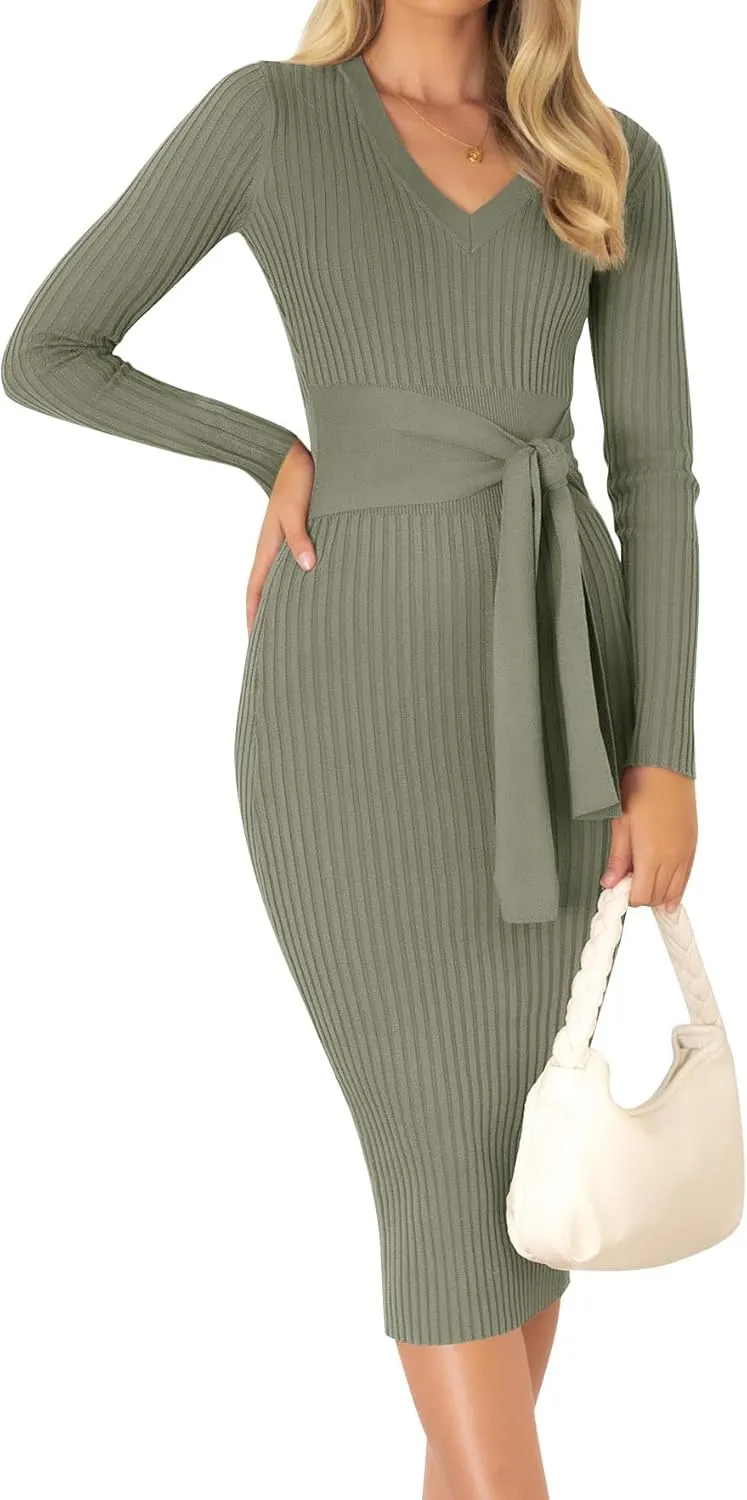 ZESICA Women's Spring Sweater Dress V Neck Long Sleeve Ribbed Knit Tie Waist Slim Fit Bodycon Midi Dresses